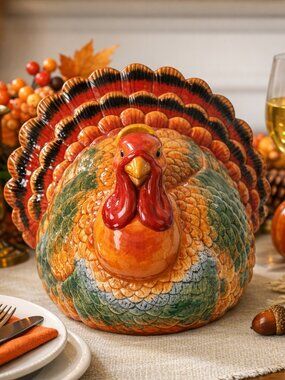 Vintage Ceramic Turkey Candle Holder – Hand‑Painted Thanksgiving Fall Décor